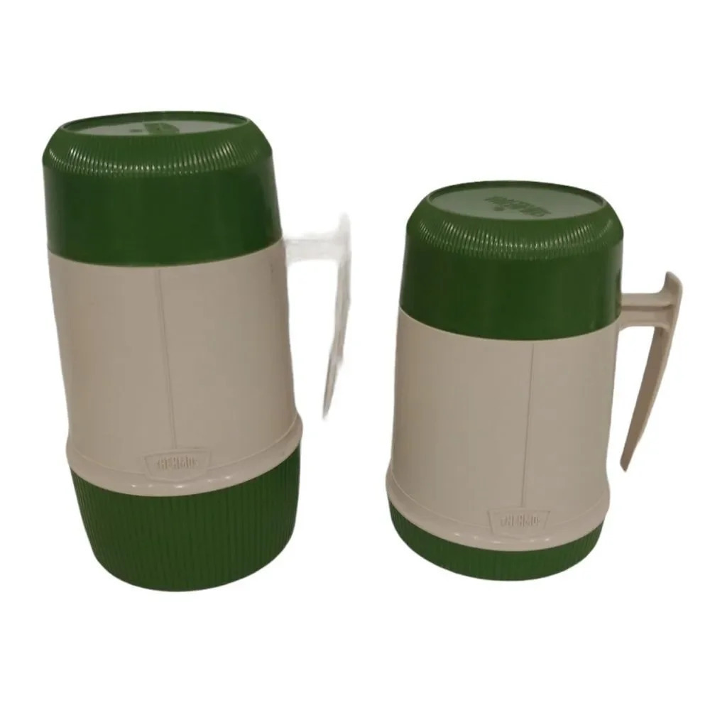 Vintage Set of  2 Thermoses, Green/Cream 10oz/15oz